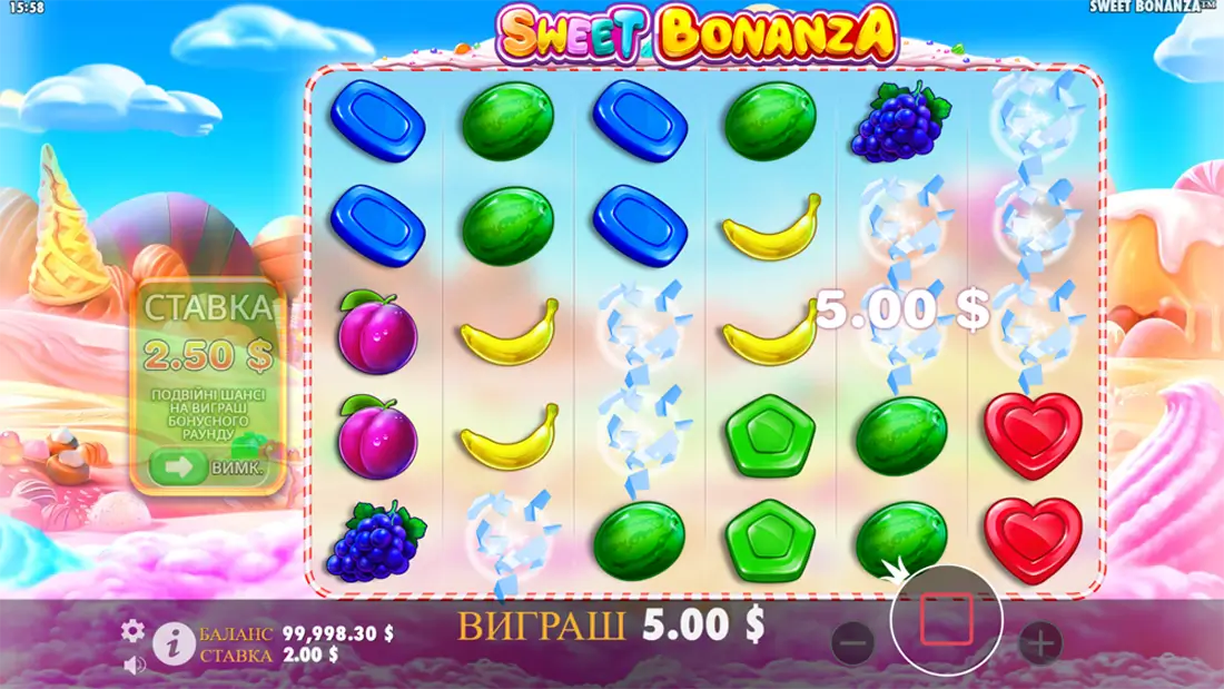 Екран виграшу у грі Sweet Bonanza з відображенням символів фруктів та виграшної суми 5.00 доларів.